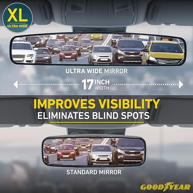 Goodyear 17” Panoramic Rear View Mirror – Universal Wide Angle Rear View Mirror for Car/SUV/Truck – Anti-Glare, Clip-On Large Rearview Extender for Safer Driving & Parking
