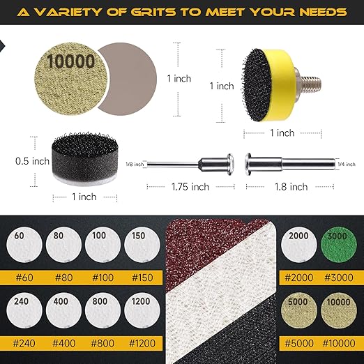 365 PCS 1 Inch Sanding Disc, GOH DODD Hook and Loop 60 to 10000 Grit Wet Dry Sandpaper Micro Sand Paper with 1/8" 1/4" Shank,