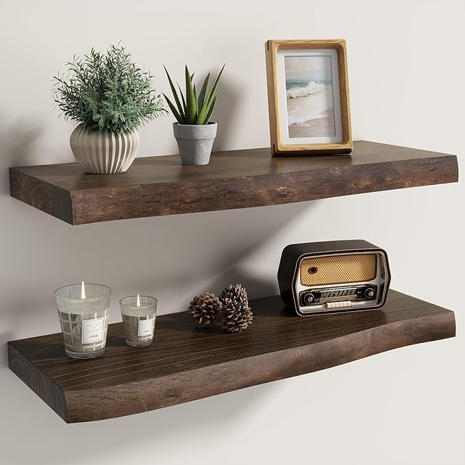 Fun Memories Floating Shelves for Wall Decor Set of 2-24 Inch Solid Elm Wood Live Edge - Rustic Walnut Wall Shelves with Invi