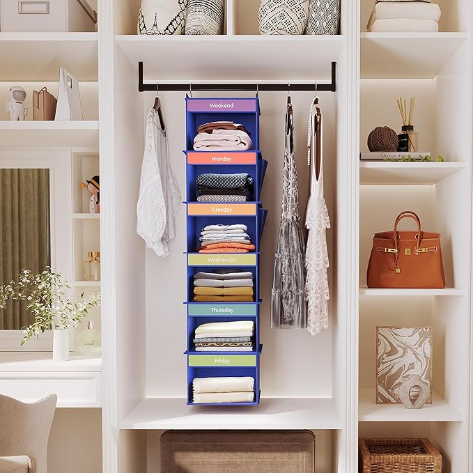 YOUDENOVA 6-Shelf Weekly Hanging Closet Organizer, Weekly Clothes Organizers for Kids with 2 Side Pockets, Blue