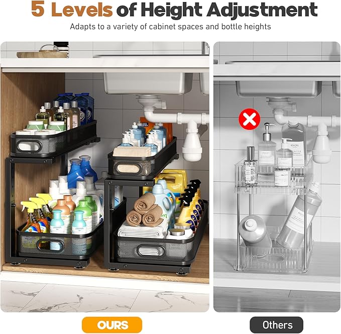 2 Pack 21.3IN-Depth Under Sink Organizer with Smooth Cylindrical Rail,2-Tier Pull Out Multi-Purpose Cabinet Storage for Bathr