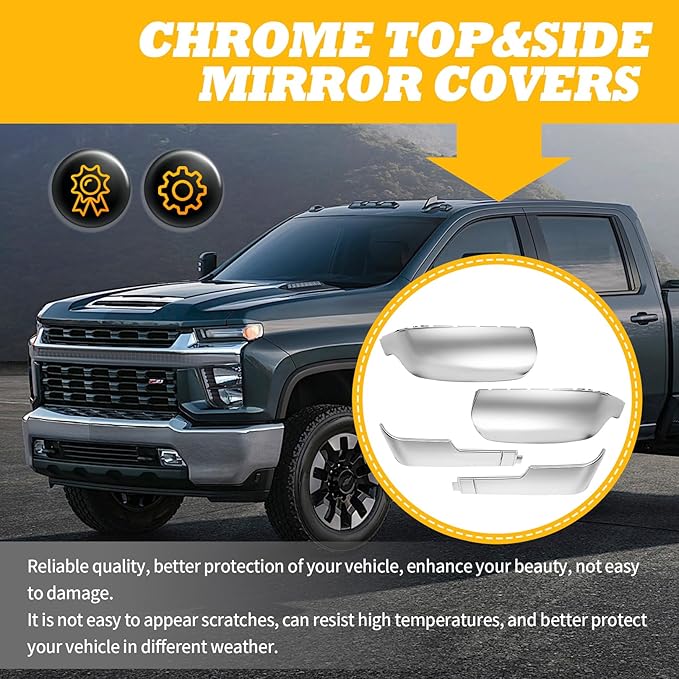 Chrome Side Mirror Cover Cap Trims Compatible with Silverado Sierra 2500 3500 HD 2020-2023 Top&Side Door Exterior Rearview Mirror Cap Rearview Mirror Housing