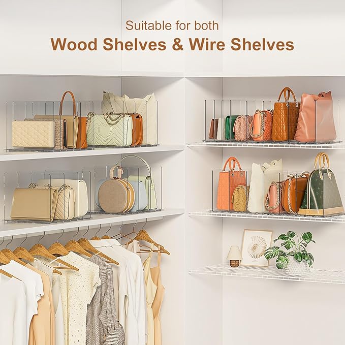 GoMaihe Bag & Purse Organizer for Closet: 4 Sets Adjustable Clear Handbag Storage Shelf - Plastic Clutch Dividers | Minimal |