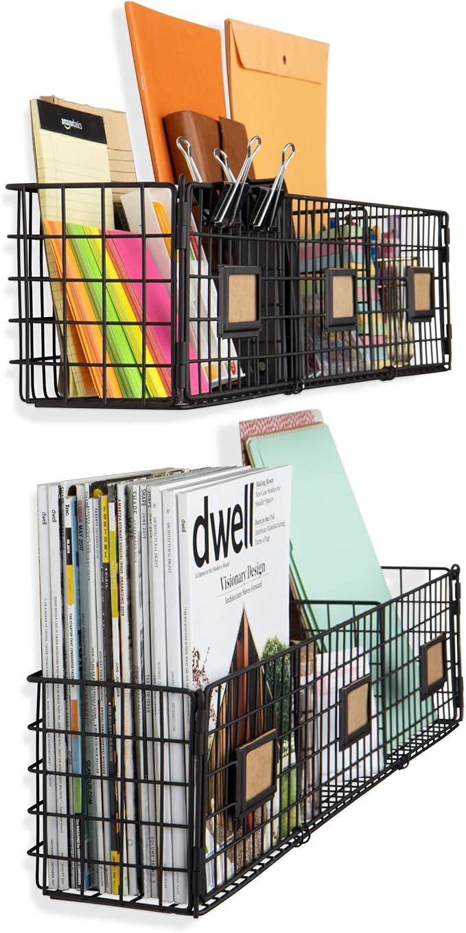 Wall35 Amalfi Hanging File Folders Office Desk Organizer Wall Mount Wire Basket Storage Magazine Holder 3 Sectional Set of 2 