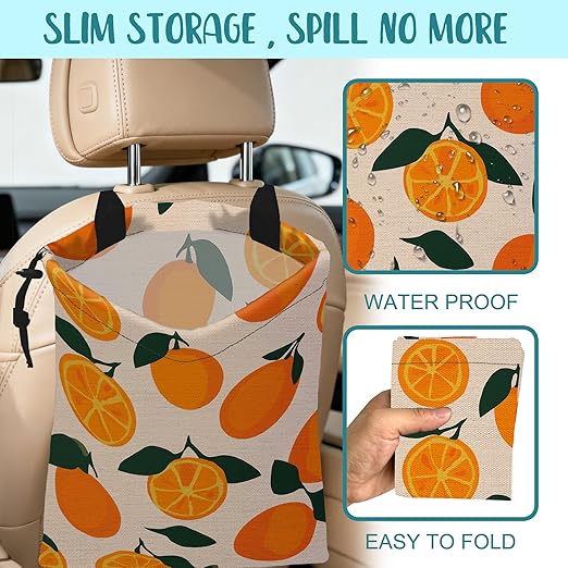 Car Trash Bag Vintage Orange Green Leaves Leak-Proof Car Garbage Bag with Drawstring Foldable Canvas Trash Bin with Adjustable Buckle for Car Accessories, Travelling, Camping