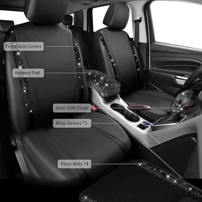 CAR PASS Bling Diamonds Car Seat Covers Front Seats Black Leather Shining Rhinestone Car Floor Mats Carpet with Anti-Slip Nib