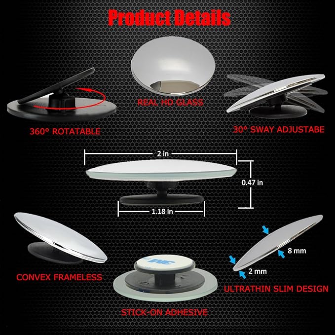 Ampper 2" Round Blind Spot Mirrors, Adjustabe HD Glass Convex Wide Angle Rear View Car SUV Universal Fit Stick-On Lens, Pack of 4