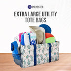 Extra Large Utility Tote Bag, Oversized Collapsible Reusable Wire Frame Rectangular Canvas Basket With Two Exterior Pockets For Beach, Pool, Laundry, Car Trunk, Storage - Cactus White