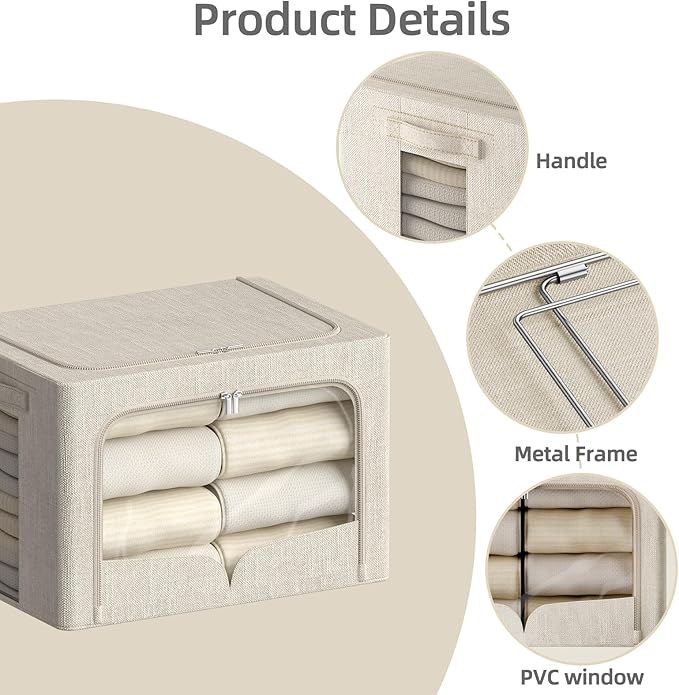 FHSQX 3 Pack Clothes Storage Bins - Foldable Metal Frame Storage Box - Stackable Linen Fabric Container Organizer Set with Ca