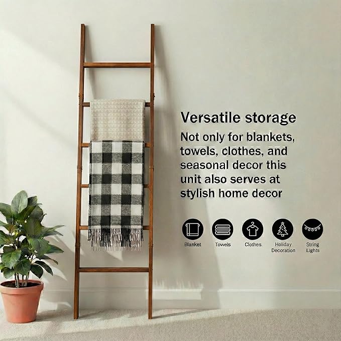 Blanket Ladder for Living Room 6-Tier, Wooden Decorative Quilt Holder for Bed Room, Wall-Leaning Towel Rack for Bathroom, Dec
