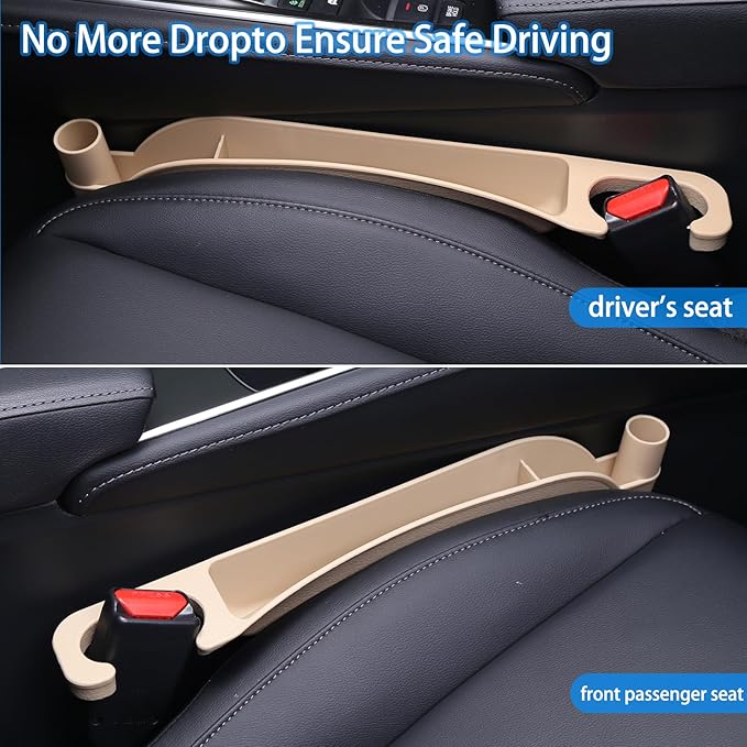 Supin Car Seat Gap Filler Set of 2, Multifunctional Seat Side Gap Filler with Organizer & Hook Function& 2 Storage for Stabilizing Phone,Keys Wallet, Fill The Gap Between Seat & Console (Beige)