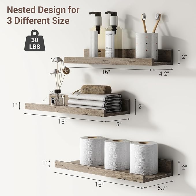 Axeman Picture Ledge Shelf | 16 Inch Grey Floating Shelves Set of 3 | Rustic Grey Wood Wall Shelves with Lip | 16" Picture Sh