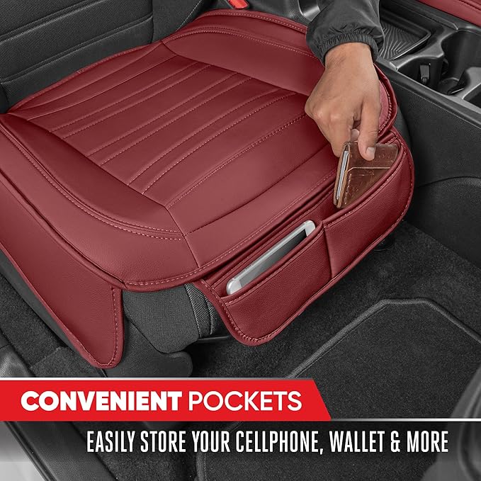 Motor Trend Faux Leather Front Seat Cover for Cars - Set of 2 Burgundy Front Car Seat Covers for SUV & Truck with Storage Poc