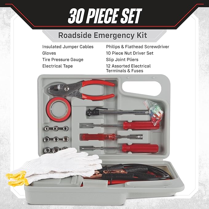 Roadside Emergency Car Kit - 30-Piece Road Trip Essentials Tool Set with Jumper Cables and Carrying Case for Car, Truck, or R