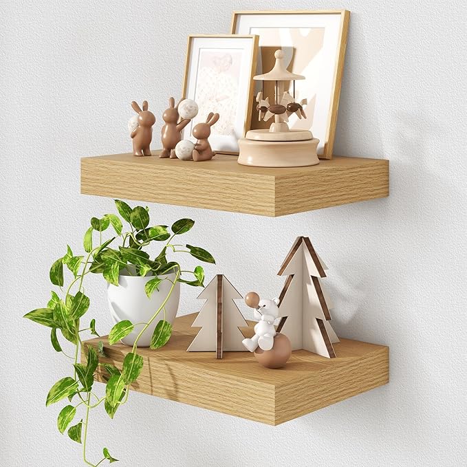 12 Inch Deep Floating Shelves | 16 Inch Oak Floating Shelves Set of 2 | 16W x 12D Rustic Shelves for Wall | Deep Wood Shelves