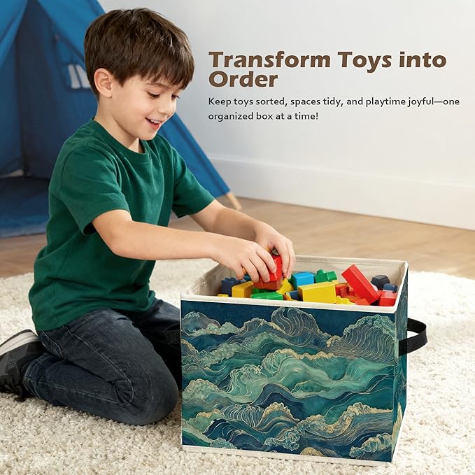 Abstract Waves Japanese Storage Box Bins, Blue and Green Oriental Japandi Collapsible Storage Basket Organizer for Bedroom La