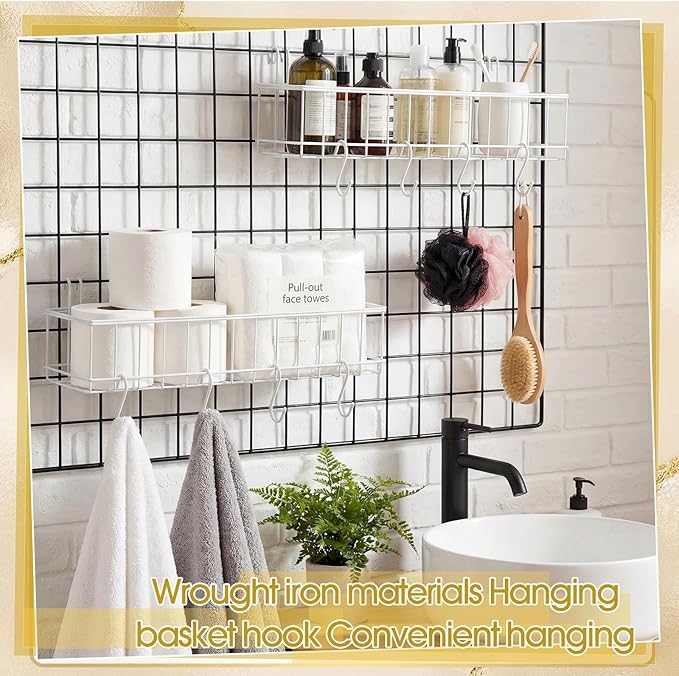 White 4 Pack Grid Wall Hanging Baskets with 16 S Hooks, 15.8 x 3.9 x 3.2 Inch Metal Wire Wall Mount Storage Baskets for Grid 