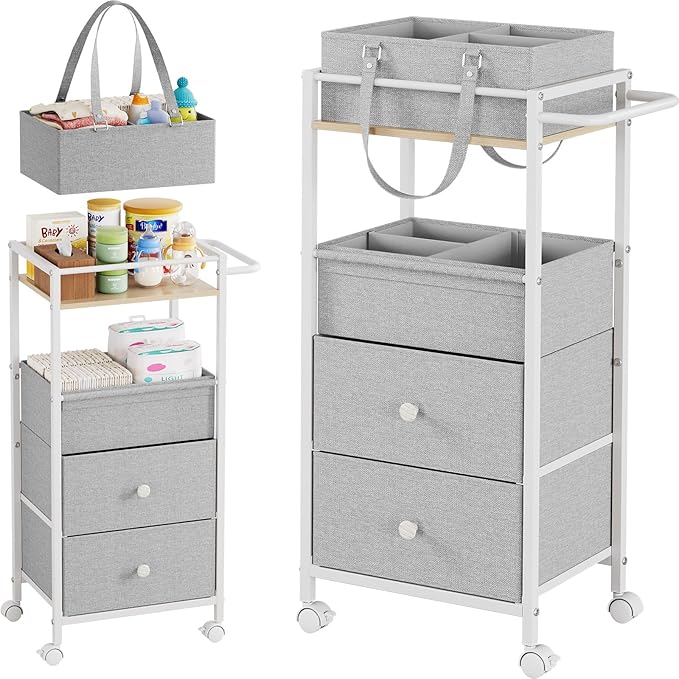 Modanais Baby Diaper Caddy Organizer Cart with Drawers - 3In1 Rolling Storage Cart with Wheels, Removable Diaper Caddy, Detac