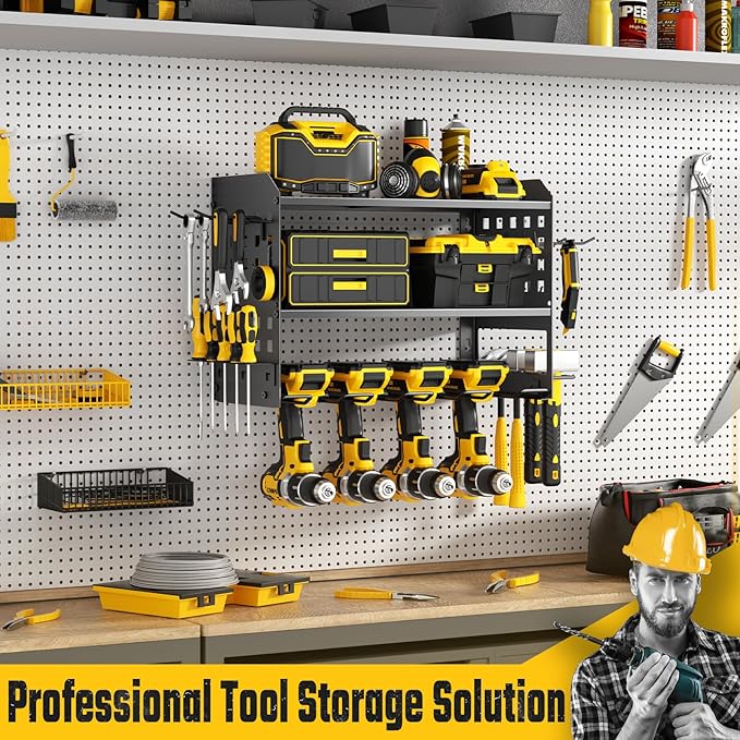 SUNALLY Power Tool Organizer, Heavy Duty Wall Mount Tool Organizer 3 Layers with 4 Drill Holders, Garage Tools Storage Rack w