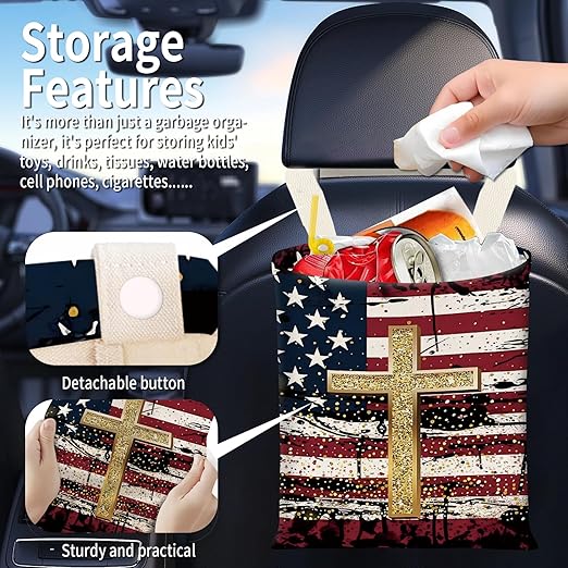 Hanging Car Garbage Bag, Cute Car Trash Can Bag, Automotive Accessories for Women Men American Flag Cross Print