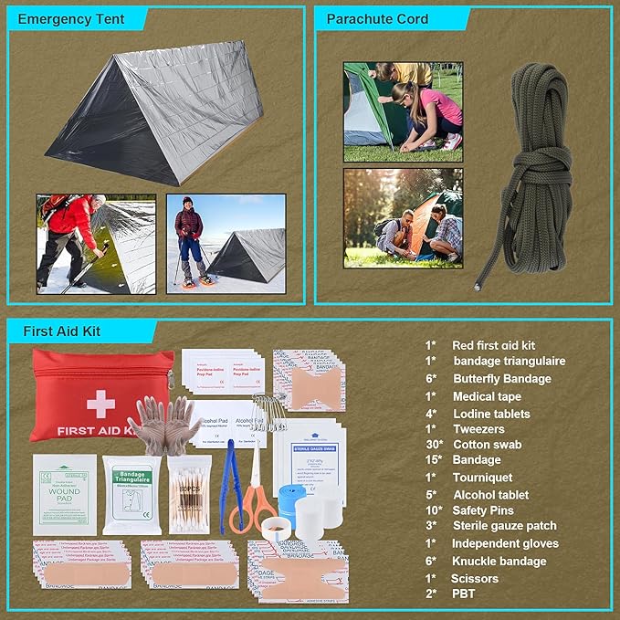 Survival Kit, Gifts for Christmas Men, Women, 251pcs Emergency Survival Gear and Supplies Equipment, First Aid Kit with Cross