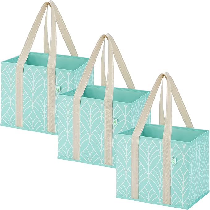 VENO 3 Pack Reusable Grocery Bags, Shopping Bags for Groceries, Tote with Handles and Hard Bottom, Foldable Shopping Cart Organizer, Water Resistant, Heavy-Duty (Evergreen, 6 Gallon)