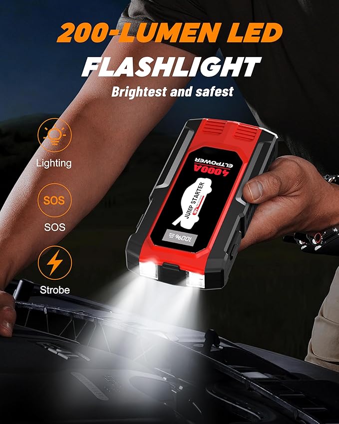 4000A Car Jump Starter Portable Jump Box Battery Booster Pack with Jumper Cables and LED Light Upto 8L Gas and 7L Diesel Engines