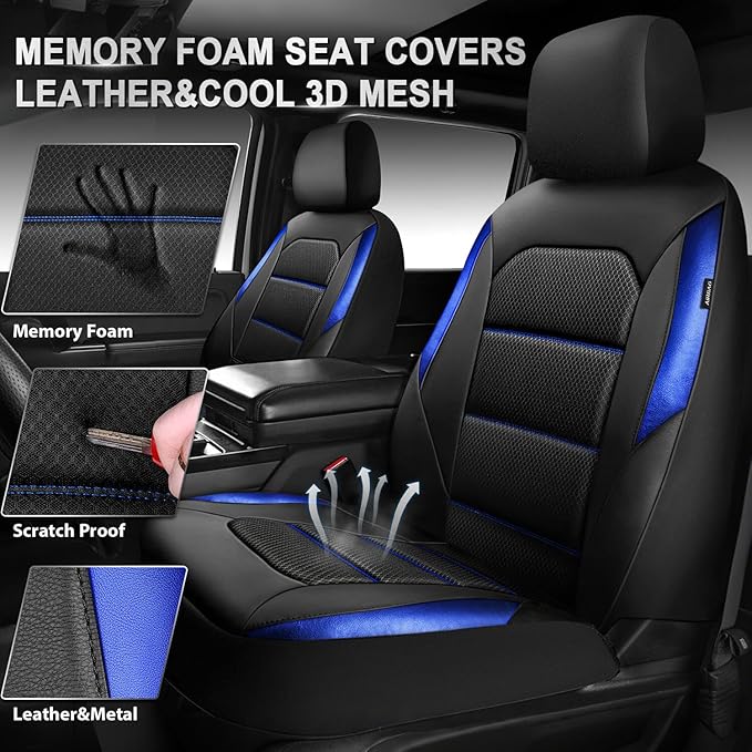 CAR PASS Memory Foam Leather Seat Covers,Air Cool Mesh Thick Car Seat Covers Front Seats Blue Leather Seat Covers for Cars Un