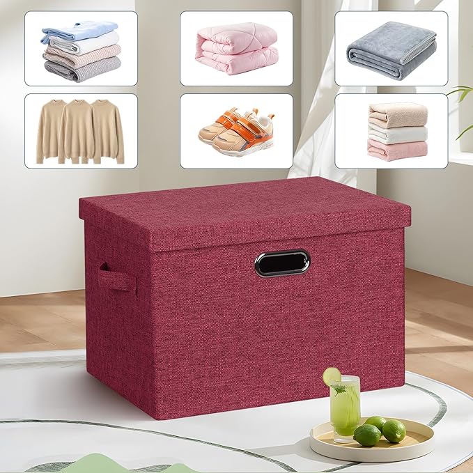 Graciadeco Large 17" 36 Quart Collapsible Stackable Storage Bins with Lids, 3 Packs Bright Red Linen Fabric Closet Boxes with