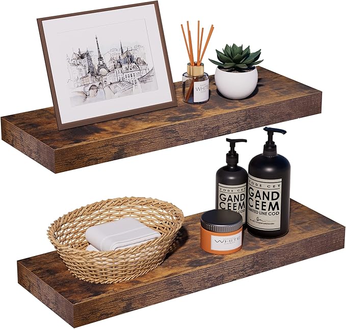 INHABIT UNION Rustic Brown Floating Shelves for Wall，24in Wall Mounted Display Ledge Shelves Perfect for Bedroom, Bathroom, L