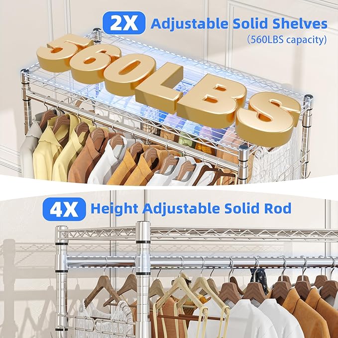 Simple Trending Heavy Duty Clothes Rack Clothing Rack with Wheels and 4 Hanging Rods, Adjustable Rolling Garment Racks, Load 