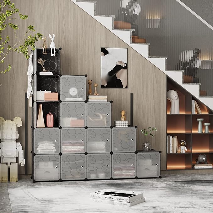C&AHOME Cube Storage Organizer, 16-Cube Storage Shelving with Doors, Modular Book Shelf, Plastic Shelves Organizing Units, Id