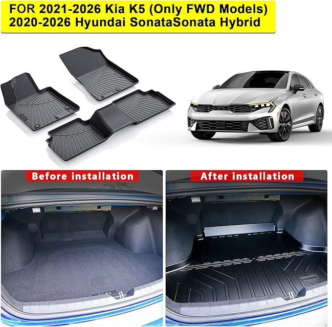 TPE Floor Mats for 2021-2026 Kia K5 (Only FWD Models) Sonata Hybrid 2020-2026 All Weather Car Floor Liners Fit Hyundai Sonata Accessories Black