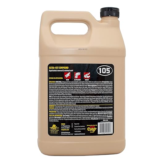 Meguiar's Mirror Glaze M105 Ultra-Cut Compound, Car Rubbing Compound for Removing Scratches and Heavy Swirls While Adding Shine, Safe and Effective on All Glossy Car Paint and Clear Coats, 1 Gallon
