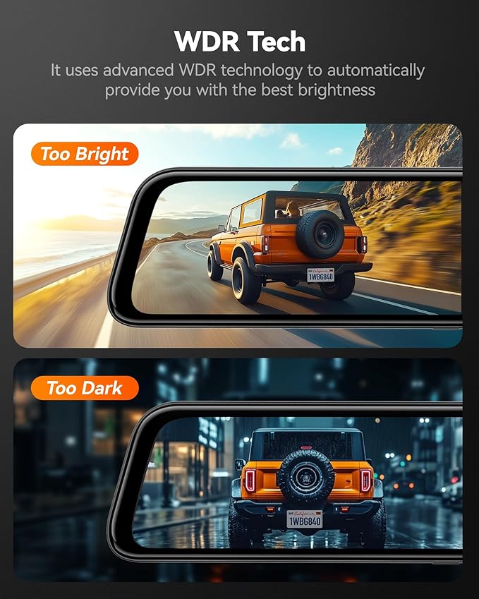 WOLFBOX G840S 12" 4K Mirror Dash Cam Backup Camera, 5.8GHz WiFi Smart Rearview Mirror for Cars & Trucks, Front and Rear View 