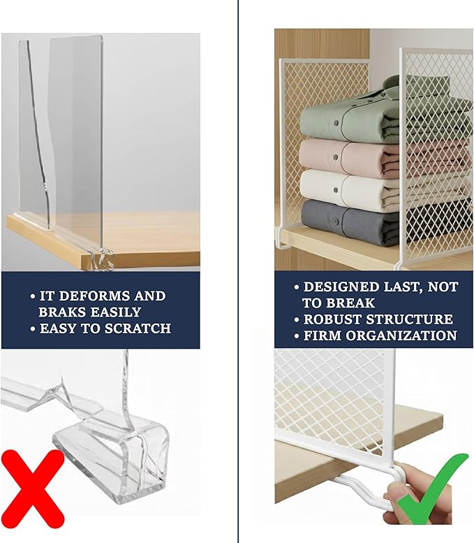 Nexu 6-Pack Metal Mesh Shelf Dividers for Closet Organization, Ultra-Stable Under-Shelf Hook Design, Matte Non-Slip Heavy Dut