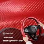 Car Steering Wheel Cover Carbon Fiber Snap On Steering Wheel Accessories Wrap 14.5-15 inch Universal Grip Anti-Skid Protector, Matte Red