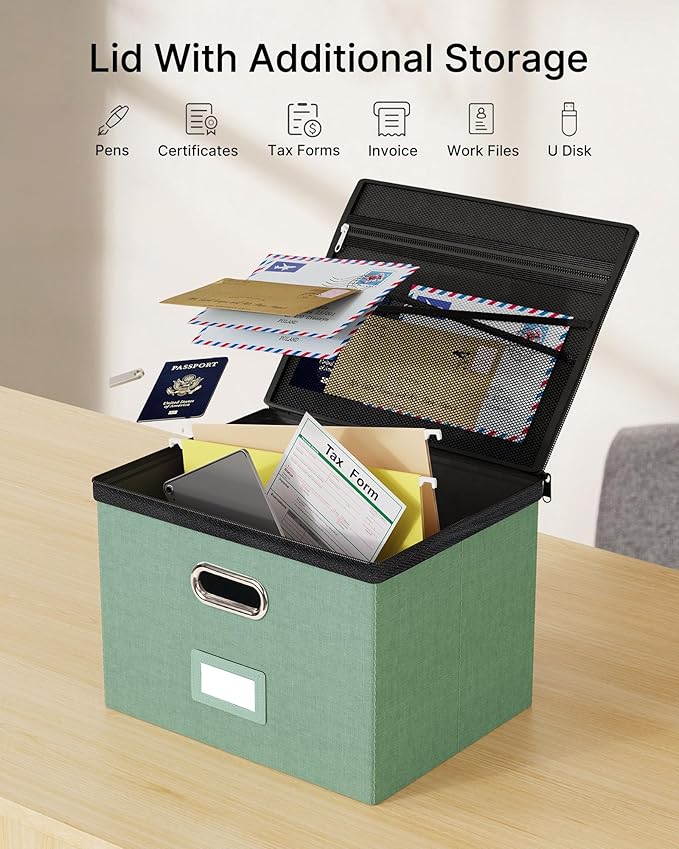 Oterri 1 Pack Large File Organizer Boxes with Lids, File Box with Mesh Pockets, Document Organizer Box for Letter/Legal Size 
