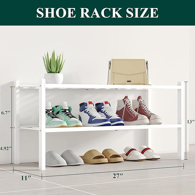 Smiry Shoe Rack, 2 Tier Bamboo Shoe Organizer, Stackable Free Standing Wooden Shoe Storage Shelf for Closet, Entryway, Front 