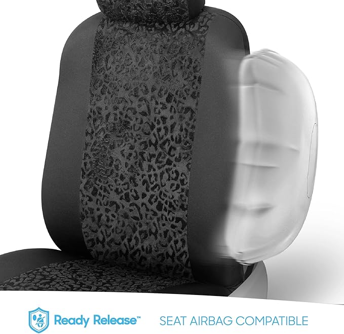 BDK Black Leopard Car Seat Covers for Front Seats, Animal Print Front Seat Cover Set with Matching Headrest, Sideless Design 