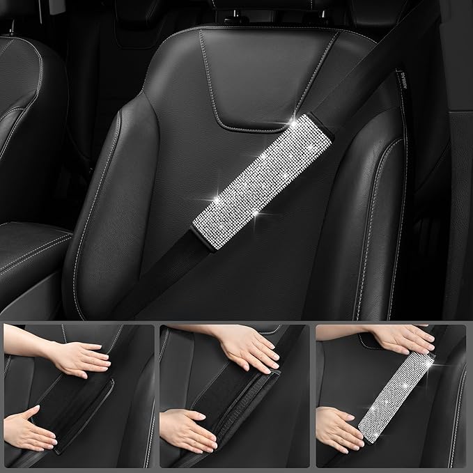 CAR PASS Bling Diamond Leather Car Seat Covers Sets 11 pcs,Bling Diamond Car Accessories for Women, Sparkly Rhinestone Steeri