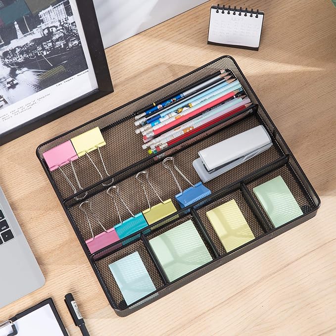 Amazon Basics Metal Mesh Desk Organizer with 6 Compartments, Anti-Slip Pen Holder Storage Tray for Office Supplies and Home, 