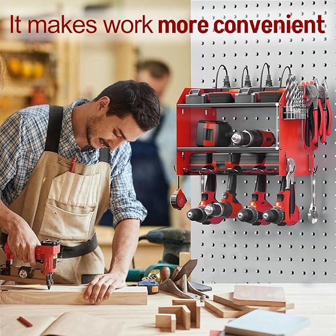 Power Tool Organizer Wall Mount with Charging Station, Heavy Duty 3 Layers Tool Storage Rack with 4 Cordless Drill Holder, Ba