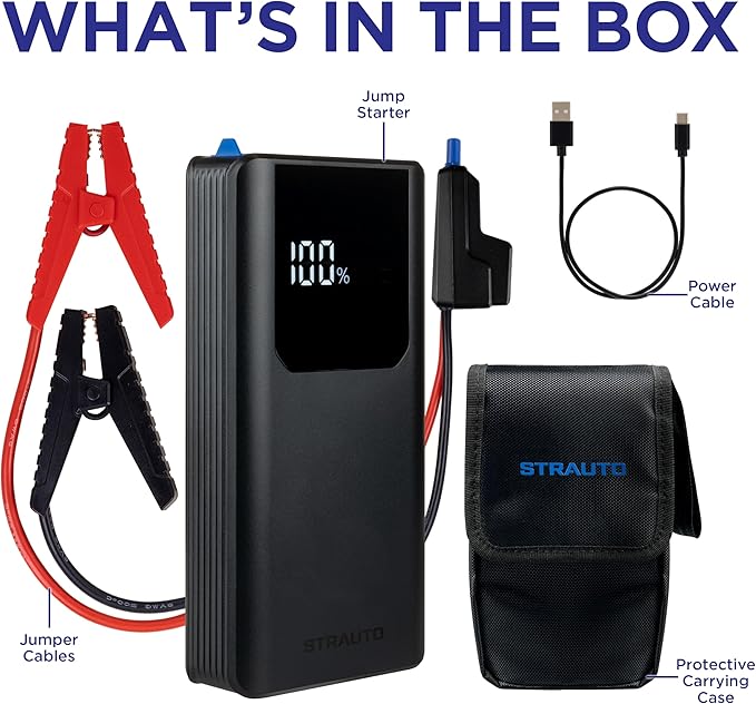 Car Battery Jump Starter, 12V Portable Jump Starter Battery Pack, Jumper Cables, Storage Case, USB-A/USB-C Cable,