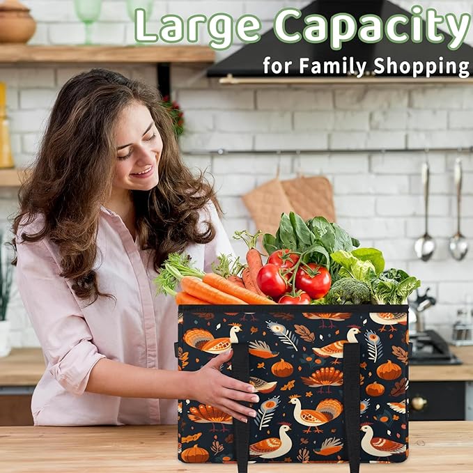 Reusable Grocery Bags Heavy Duty Shopping Bags Foldable Large Tote Bags with Long Handles & Hard Bottom