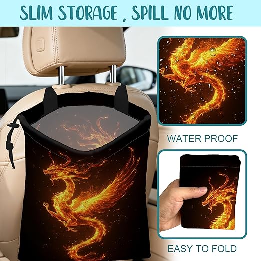 Car Trash Bag Dragon Fire Leak-Proof Car Garbage Bag with Drawstring Foldable Canvas Trash Bin with Adjustable Buckle for Car Accessories, Travelling, Camping