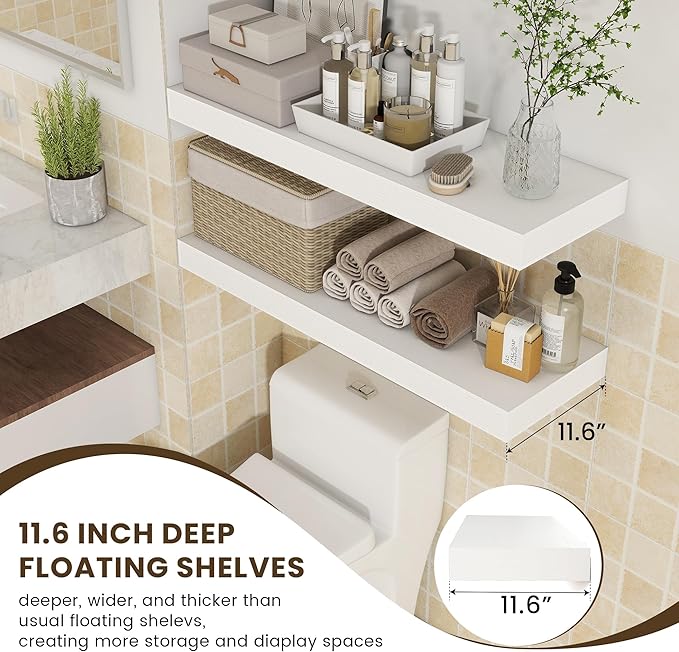 Deep Floating Shelves | 36 Inch White Floating Shelves Set of 2 | 12 Inch Deep Rustic Wood Shelves for Wall | 36" W x 12" D W