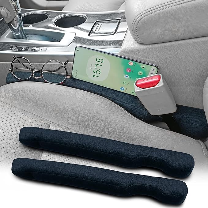 Car Seat Gap Filler Compatible with Chevy Equinox Malibu Cruze Traverse Volt Blazer Silverado Suburban Tahoe Bolt Trax Spark Sonic Impala Accessories Gap Plug Blocker with Storage Slot Black 2Pcs