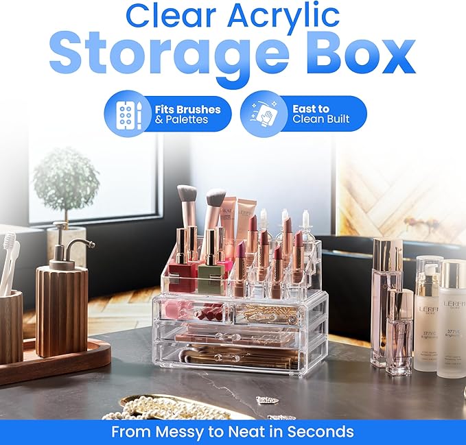 Masirs Clear Makeup Organizer - 16-Compartment Cosmetic and Jewelry Holder with 4 Drawers - Vanity Storage Box for Makeup, Sk