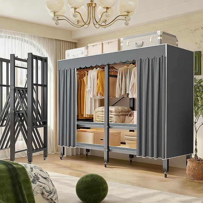 YTLEMON Heavy Duty Wardrobe Closet with Cover, Metal Rolling Clothes Rack, Foldable Portable Closet Organizer System Freestan